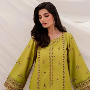 Pakistani Green Embroidered Kurta Set with Printed Shawl