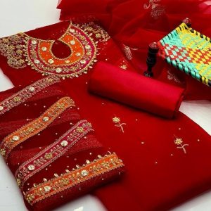 Red Organza Suit with Gold Embroidery for Women