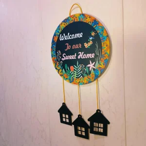 Welcome Home Wall Hanging with 3D House Charms, Black Mandala Floral Art, 28" Height