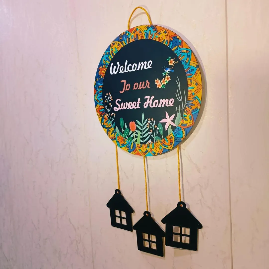 Welcome Home Wall Hanging with 3D House Charms, Black Mandala Floral Art, 28" Height