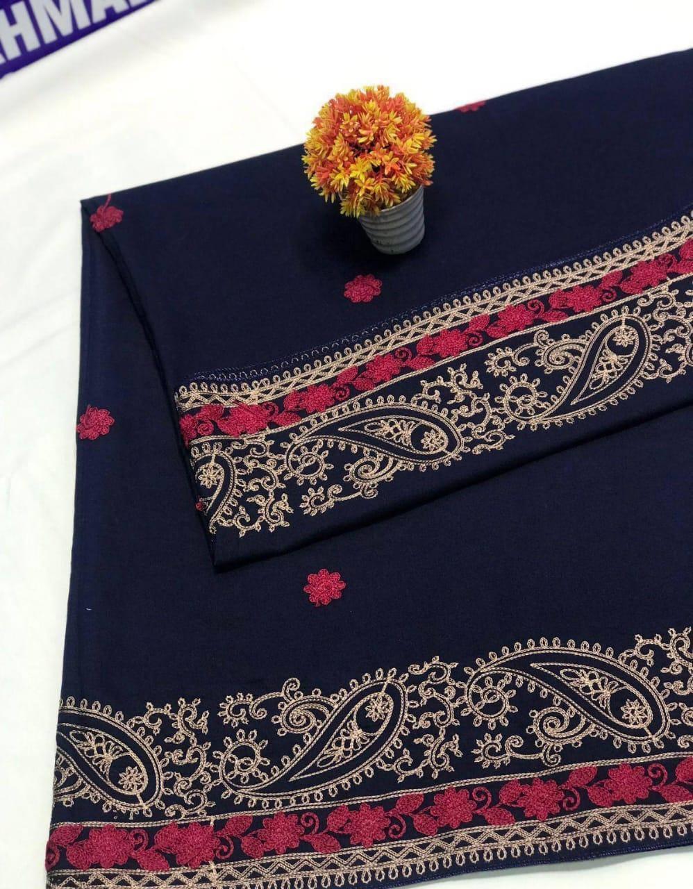 Swiss Embroidered Shawl Navy Gold Maroon Paisley