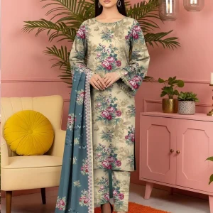 Women's 3 Pcs Printed Lawn Suit Off White Floral