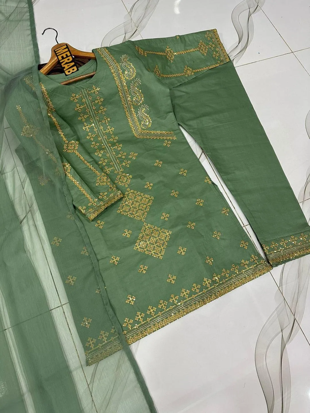 3 Pcs Women's Stitched Cotton Sequins Embroidered Suit - Image 5