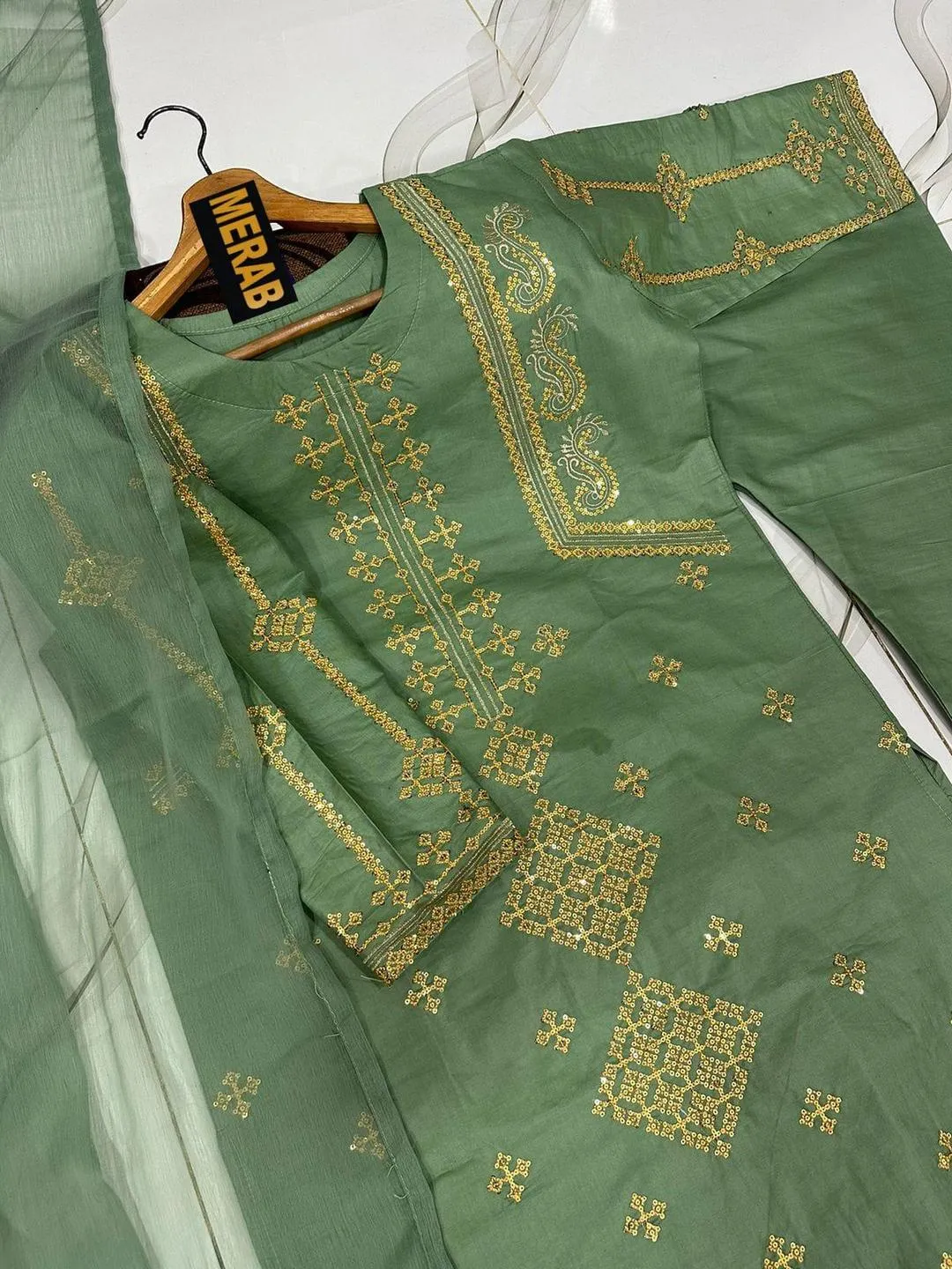 3 Pcs Women's Stitched Cotton Sequins Embroidered Suit - Image 4