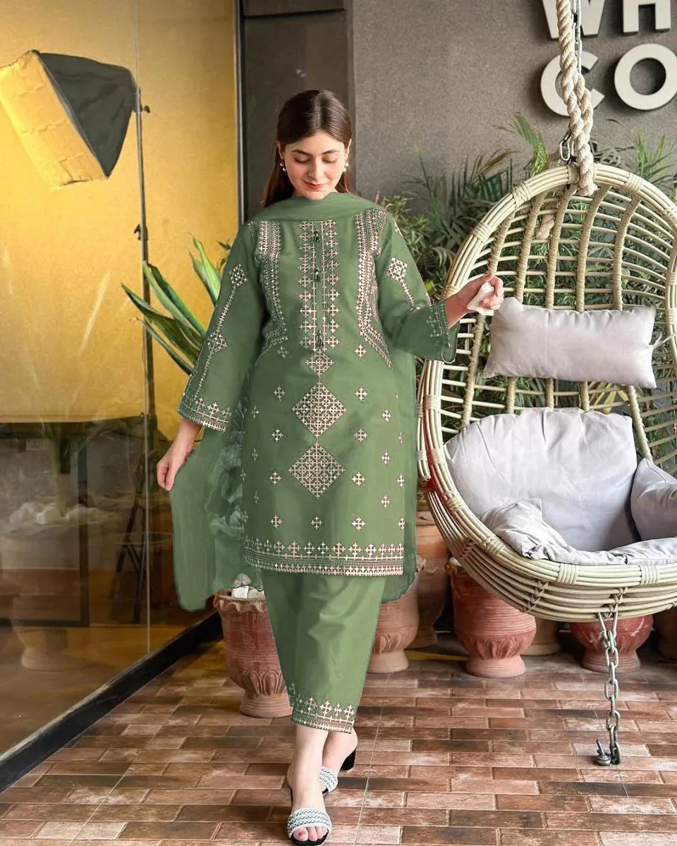 3 Pcs Women's Stitched Cotton Sequins Embroidered Suit - Image 3