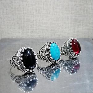 Turkish-Inspired Men's Ring Set of 3 Silver Plated Black Turquoise Red