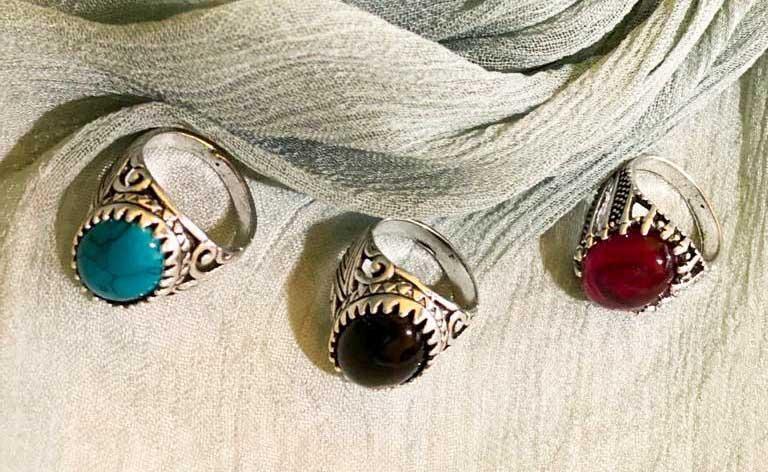 Turkish-Inspired Men's Ring Set of 3 Silver Plated Black Turquoise Red - Image 3