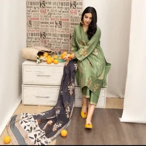 Green Embroidered 3-Piece Lawn Suit with Digital Print Dupatta