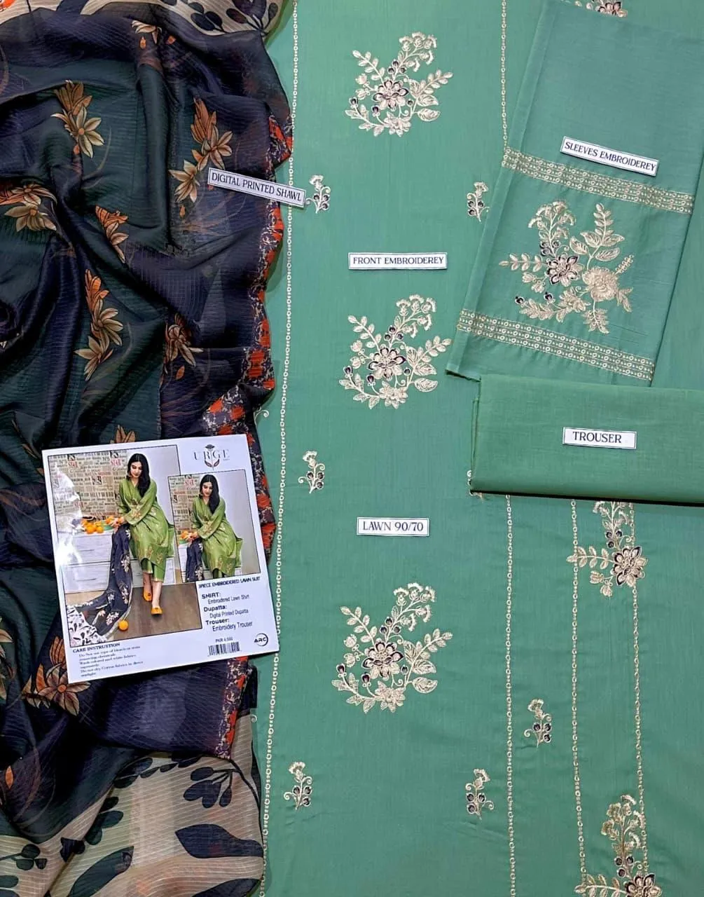 Green Embroidered 3-Piece Lawn Suit with Digital Print Dupatta - Image 3
