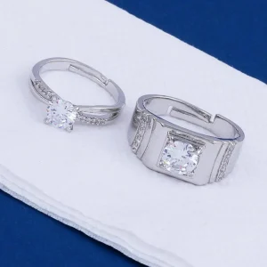 Silver Plated Crystal Couple Rings Set of 2 Adjustable