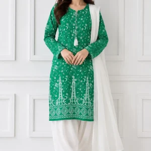 3 Pcs Women's Stitched Arabic Lawn Block Printed Suit with Shalwar