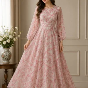 Pink Floral After Wash Soft Arganza Net Gown