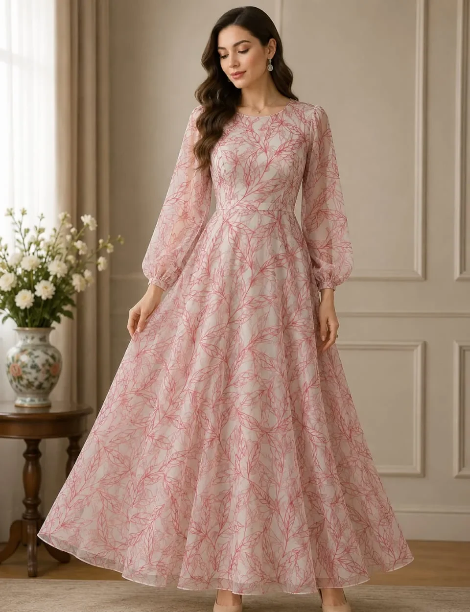 Pink Floral After Wash Soft Arganza Net Gown